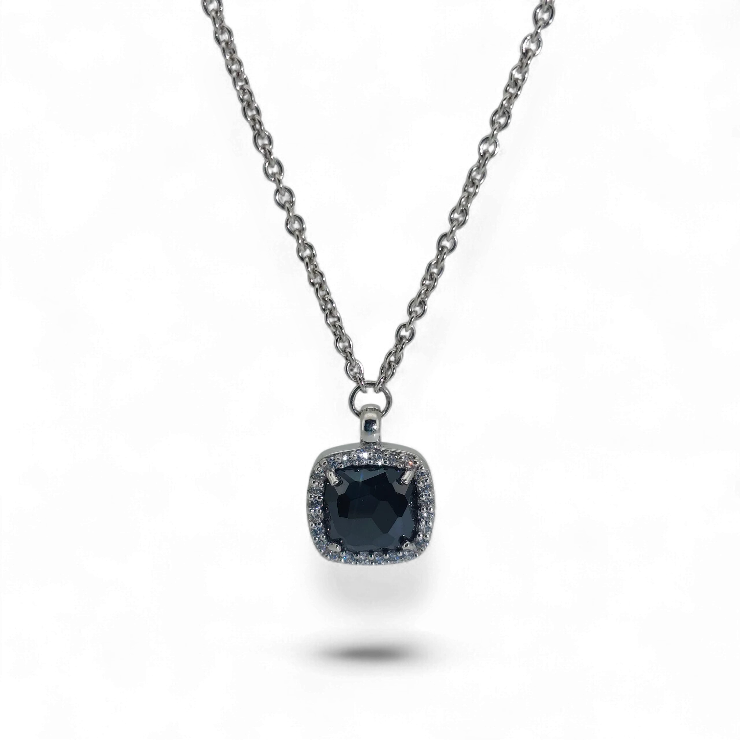 Bendixen-Braun rhodium-plated 925 sterling silver necklace with square black faceted pendant surrounded by cubic zirconia.