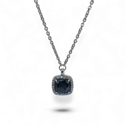 Bendixen-Braun rhodium-plated 925 sterling silver necklace with square black faceted pendant surrounded by cubic zirconia.