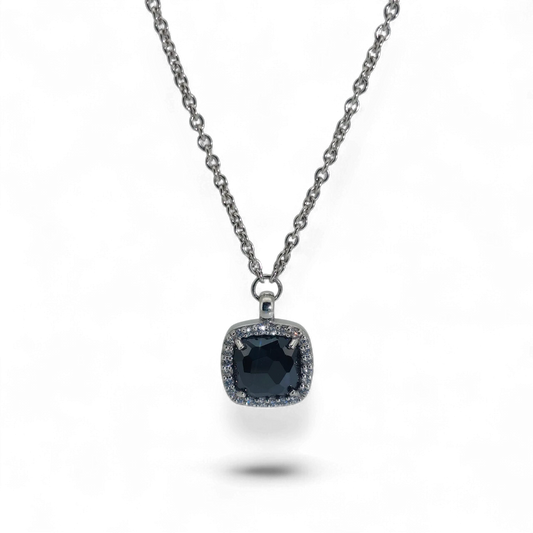 Bendixen-Braun rhodium-plated 925 sterling silver necklace with square black faceted pendant surrounded by cubic zirconia.