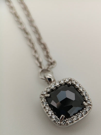 Bendixen-Braun rhodium-plated 925 sterling silver necklace with square black faceted pendant surrounded by cubic zirconia.