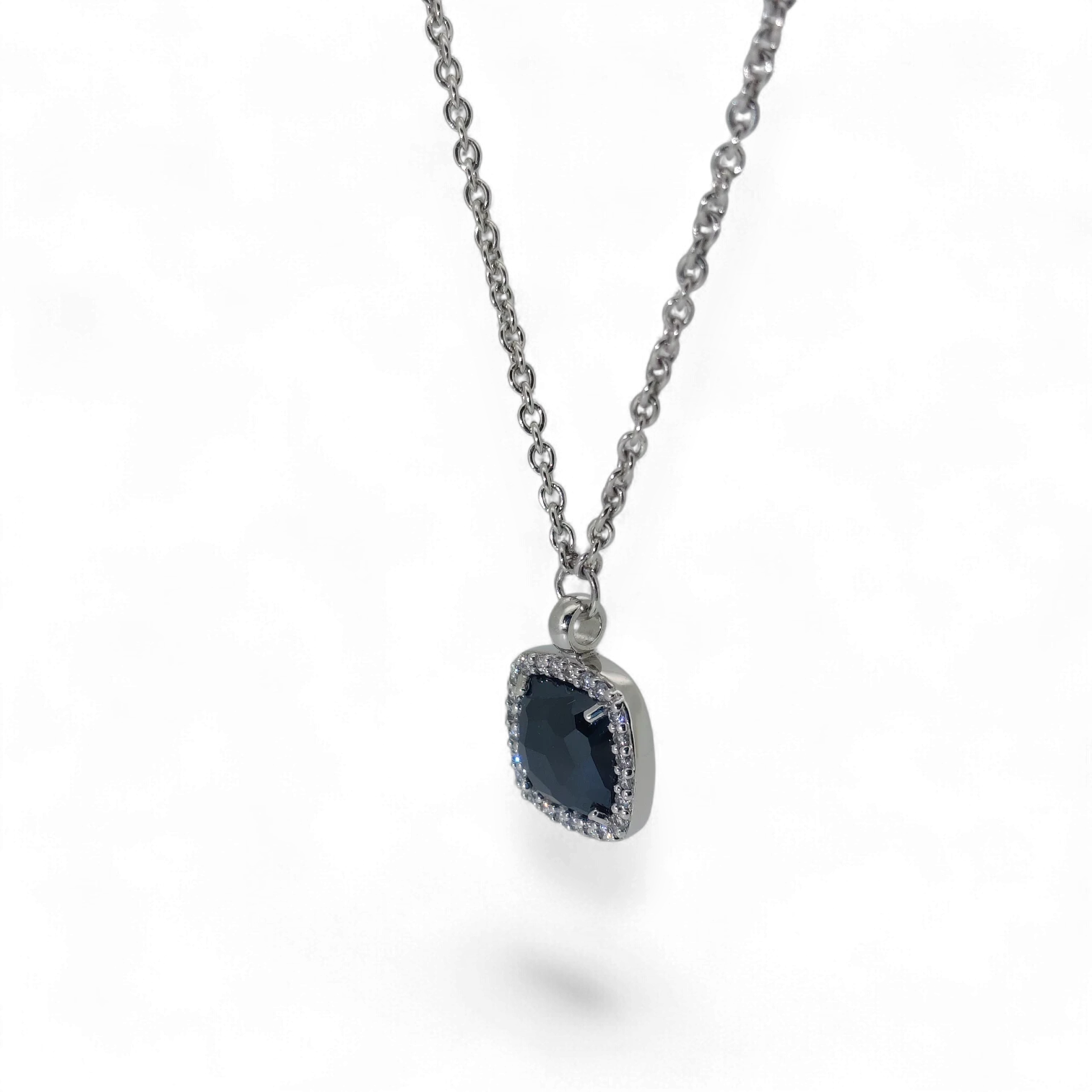 Bendixen-Braun rhodium-plated 925 sterling silver necklace with a square black faceted pendant surrounded by cubic zirconia.