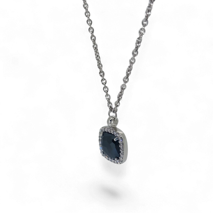 Bendixen-Braun rhodium-plated 925 sterling silver necklace with a square black faceted pendant surrounded by cubic zirconia.