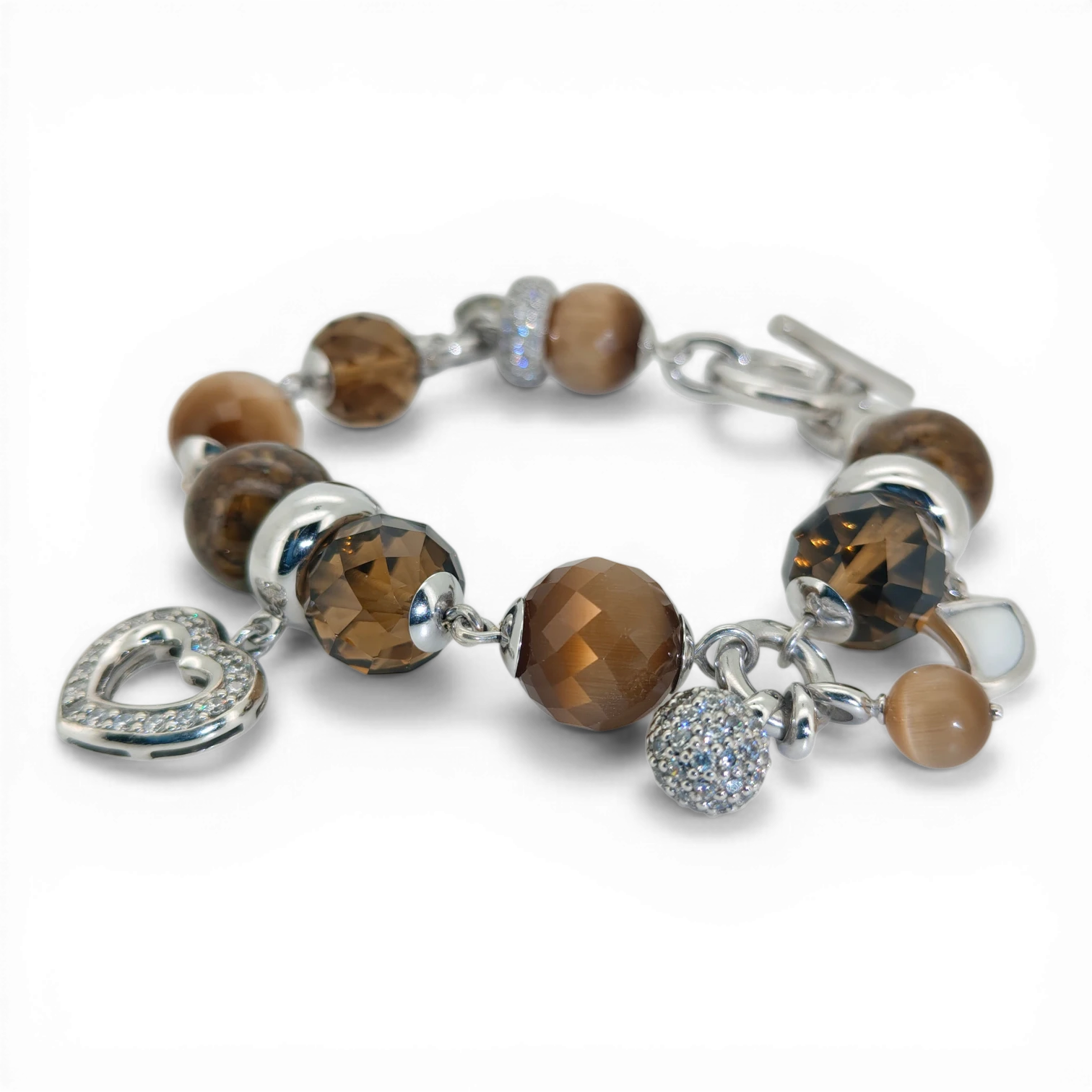 Bendixen-Braun rhodium-plated silver bracelet with brown glass stones, faceted zirconia, and a polished heart charm.
