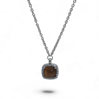 Bendixen-Braun rhodium-plated silver chain with brown faceted glass pendant surrounded by cubic zirconia.