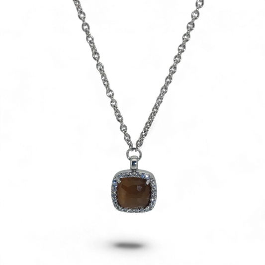 Bendixen-Braun rhodium-plated silver chain with brown faceted glass pendant surrounded by cubic zirconia.