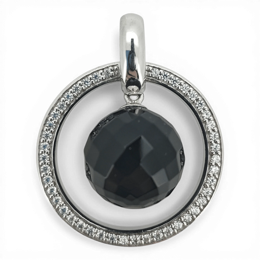 Bendixen-Braun rhodium-plated silver pendant with black glass ball and cubic zirconia accents.
