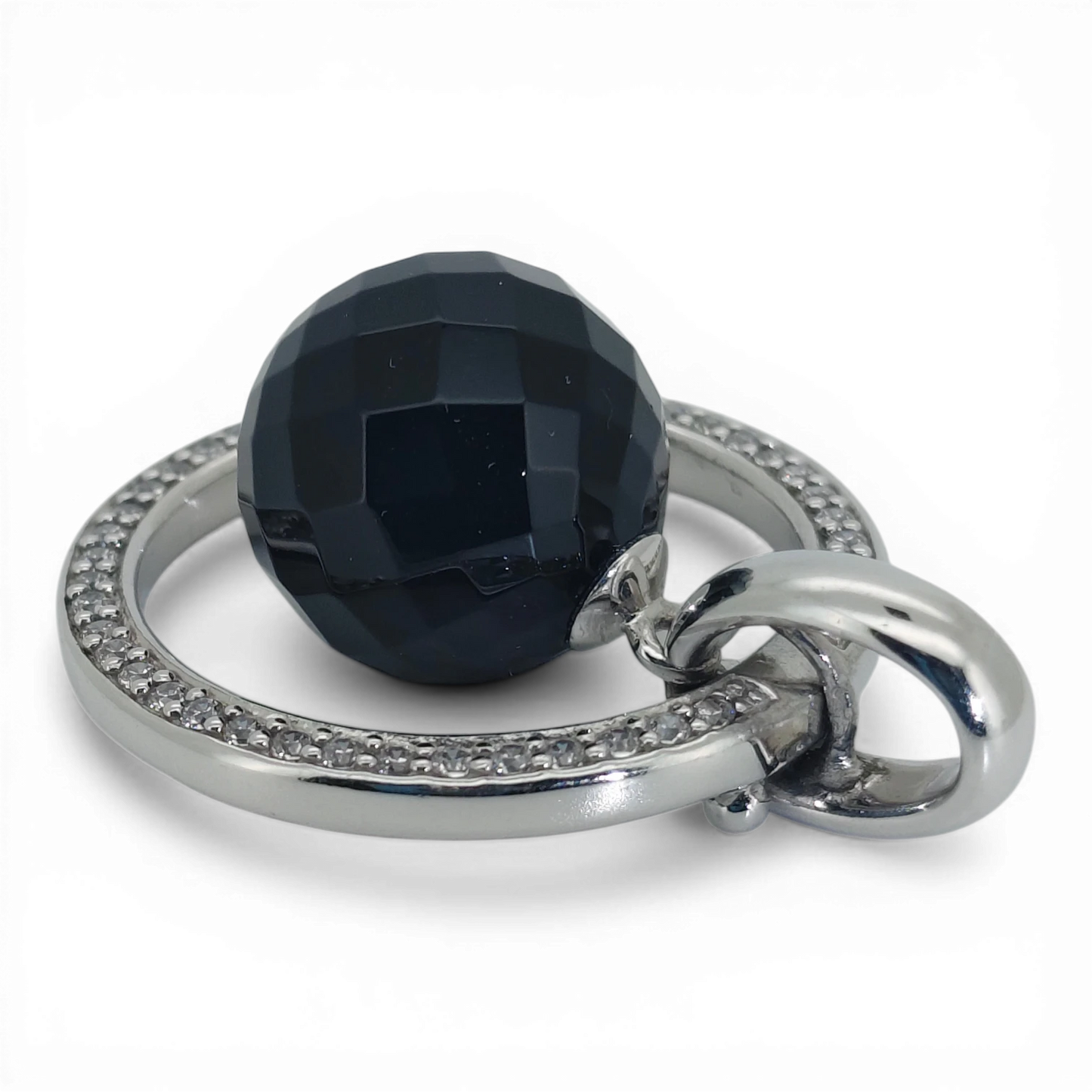 Bendixen-Braun rhodium-plated silver pendant with black glass ball and cubic zirconia accents.