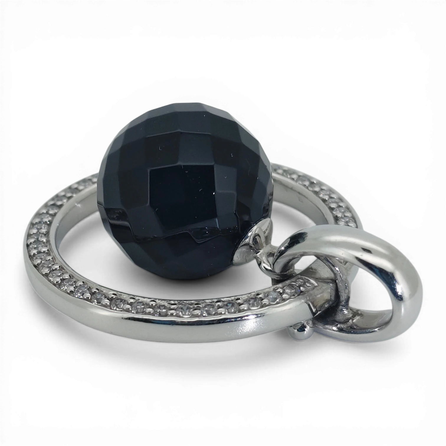 Bendixen-Braun rhodium-plated silver pendant with black glass ball and cubic zirconia accents.