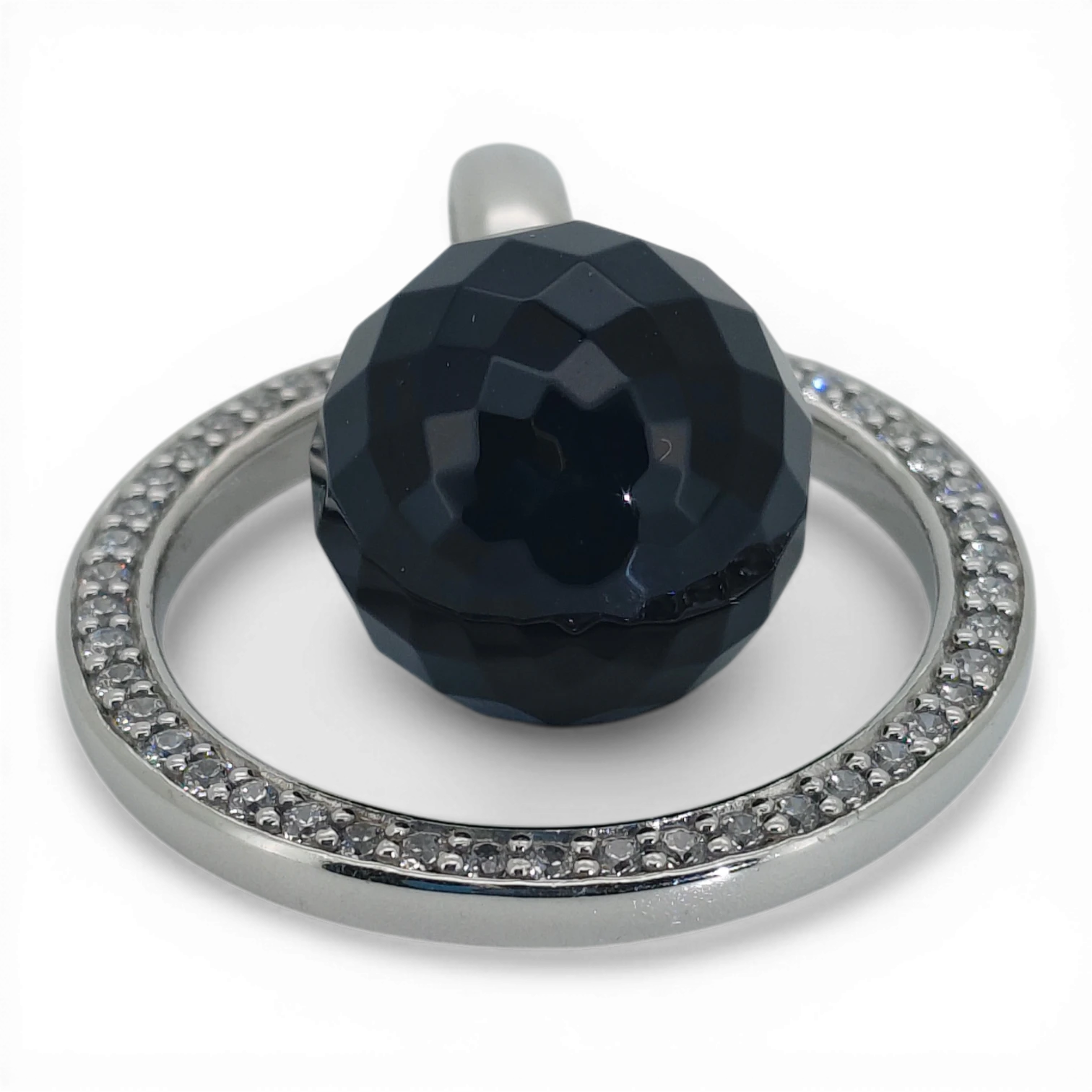 Bendixen-Braun Ti Sento rhodium-plated silver pendant with black glass ball and cubic zirconia accents.