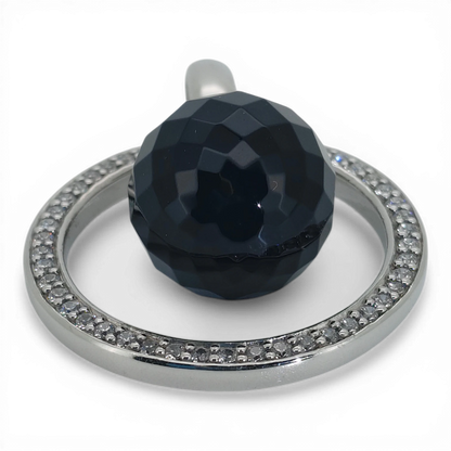 Bendixen-Braun Ti Sento rhodium-plated silver pendant with black glass ball and cubic zirconia accents.