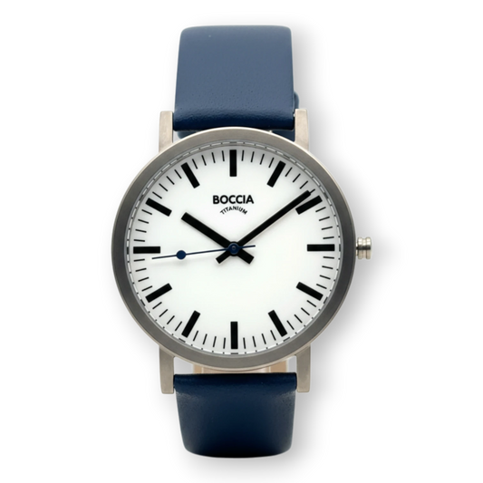 Bendixen-Braun men's quartz watch with white dial, dark blue second hand, and blue leather strap. Bahnhof-style design.