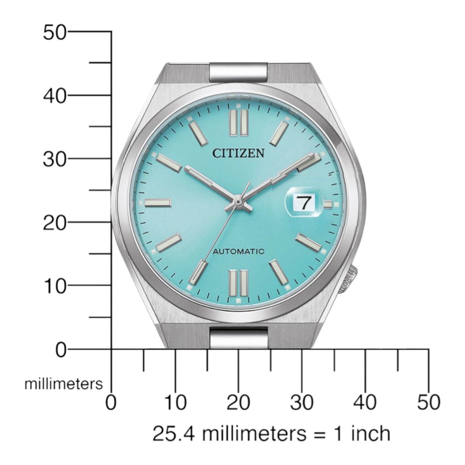Bendixen-Braun men's automatic watch with turquoise dial, luminous indices, date magnifier, and stainless steel bracelet.