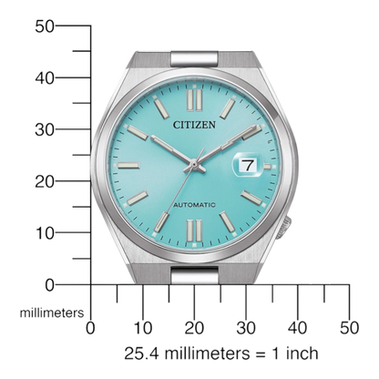 Bendixen-Braun men's automatic watch with turquoise dial, luminous indices, date magnifier, and stainless steel bracelet.