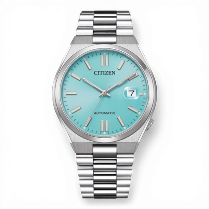 Bendixen-Braun men's automatic watch with turquoise dial, silver band, date window and luminous markers.