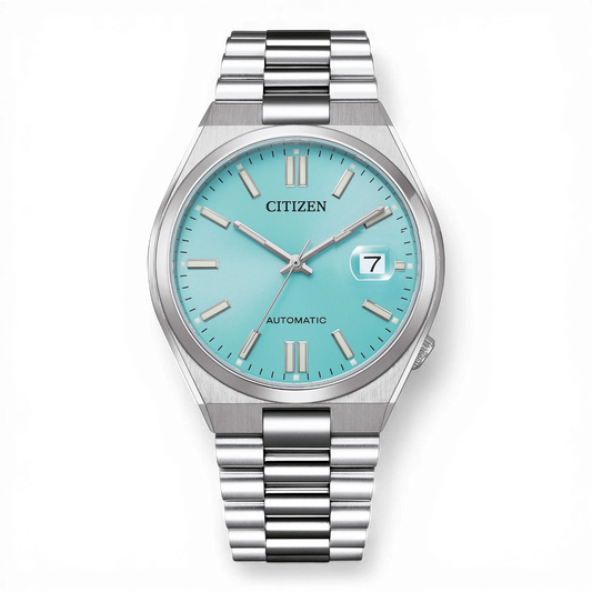 Bendixen-Braun men's automatic watch with turquoise dial, silver band, date window and luminous markers.