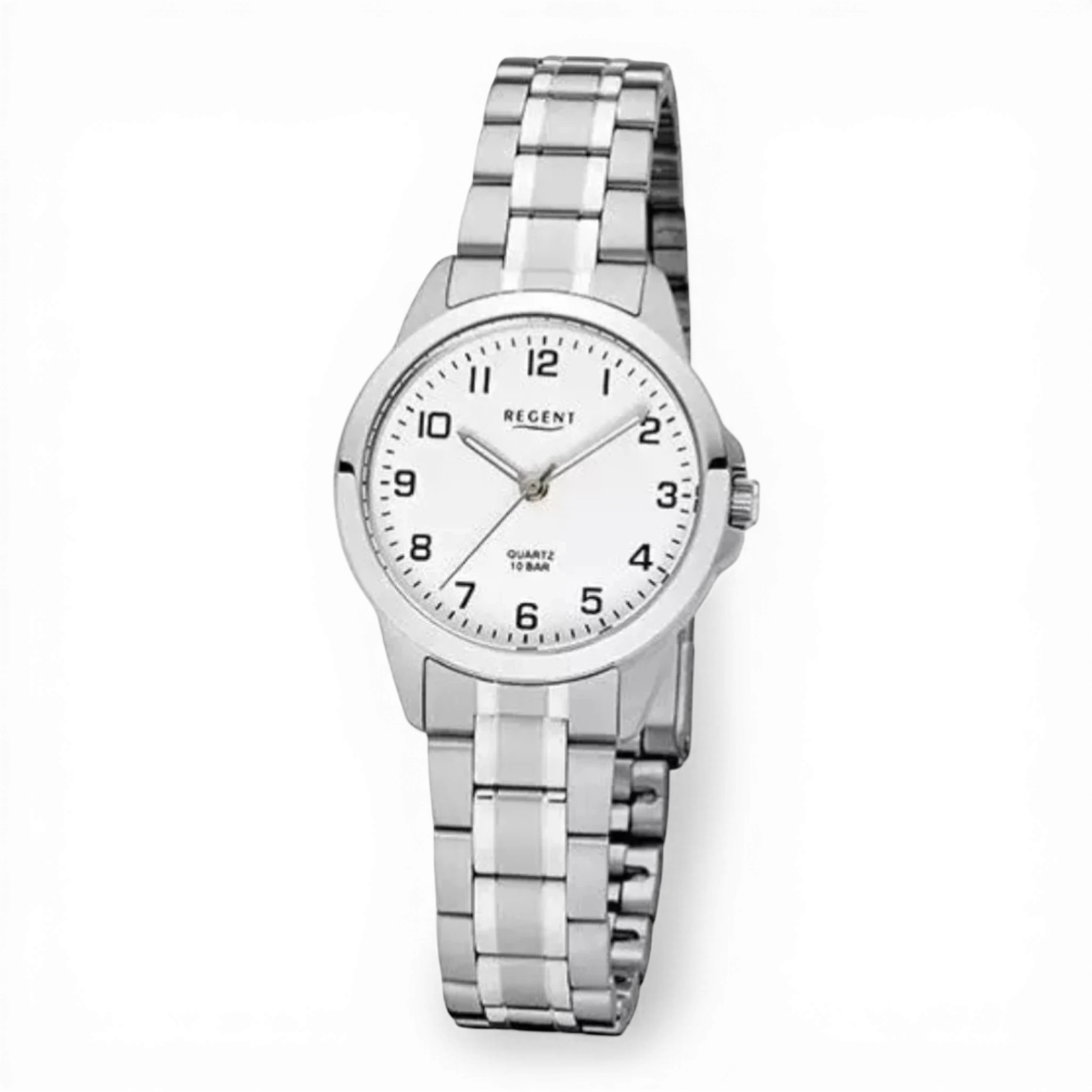 Bendixen-Braun women's quartz watch with white dial, Arabic numerals, stainless steel case and bracelet.