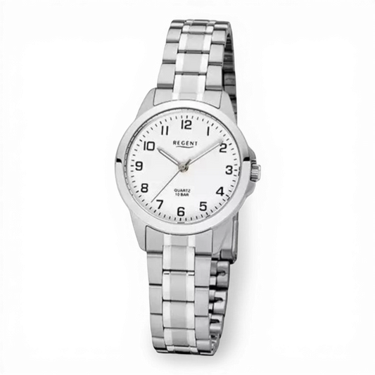 Bendixen-Braun women's quartz watch with white dial, Arabic numerals, stainless steel case and bracelet.