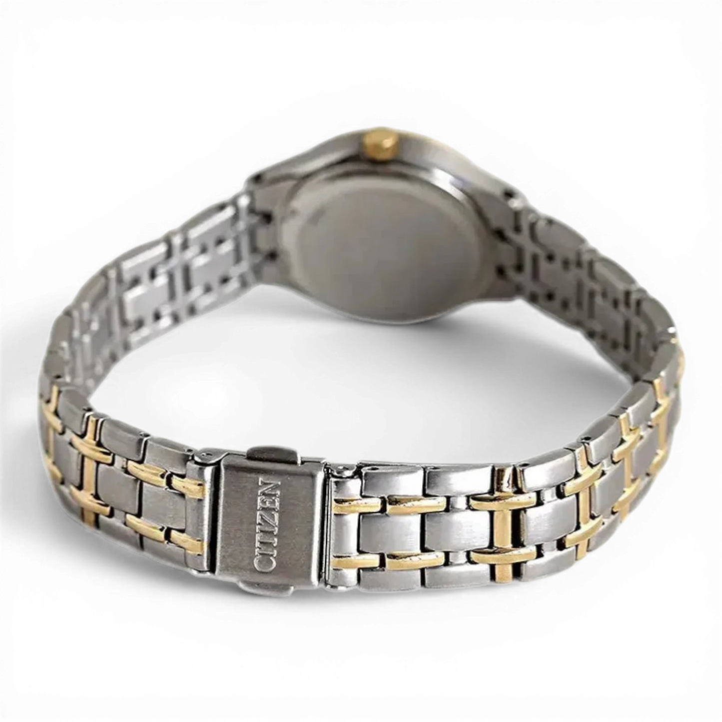 Bendixen-Braun women's bicolor gold and silver stainless steel solar-powered watch with white dial and double-push clasp.