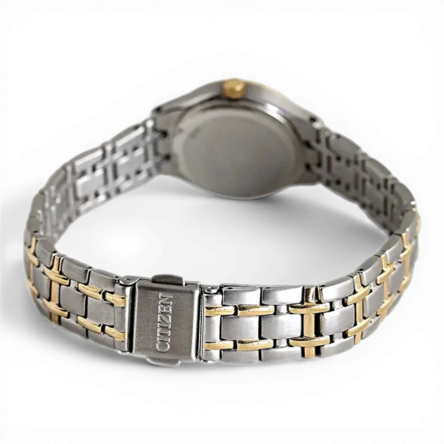 Bendixen-Braun women's bicolor gold and silver stainless steel solar-powered watch with white dial and double-push clasp.