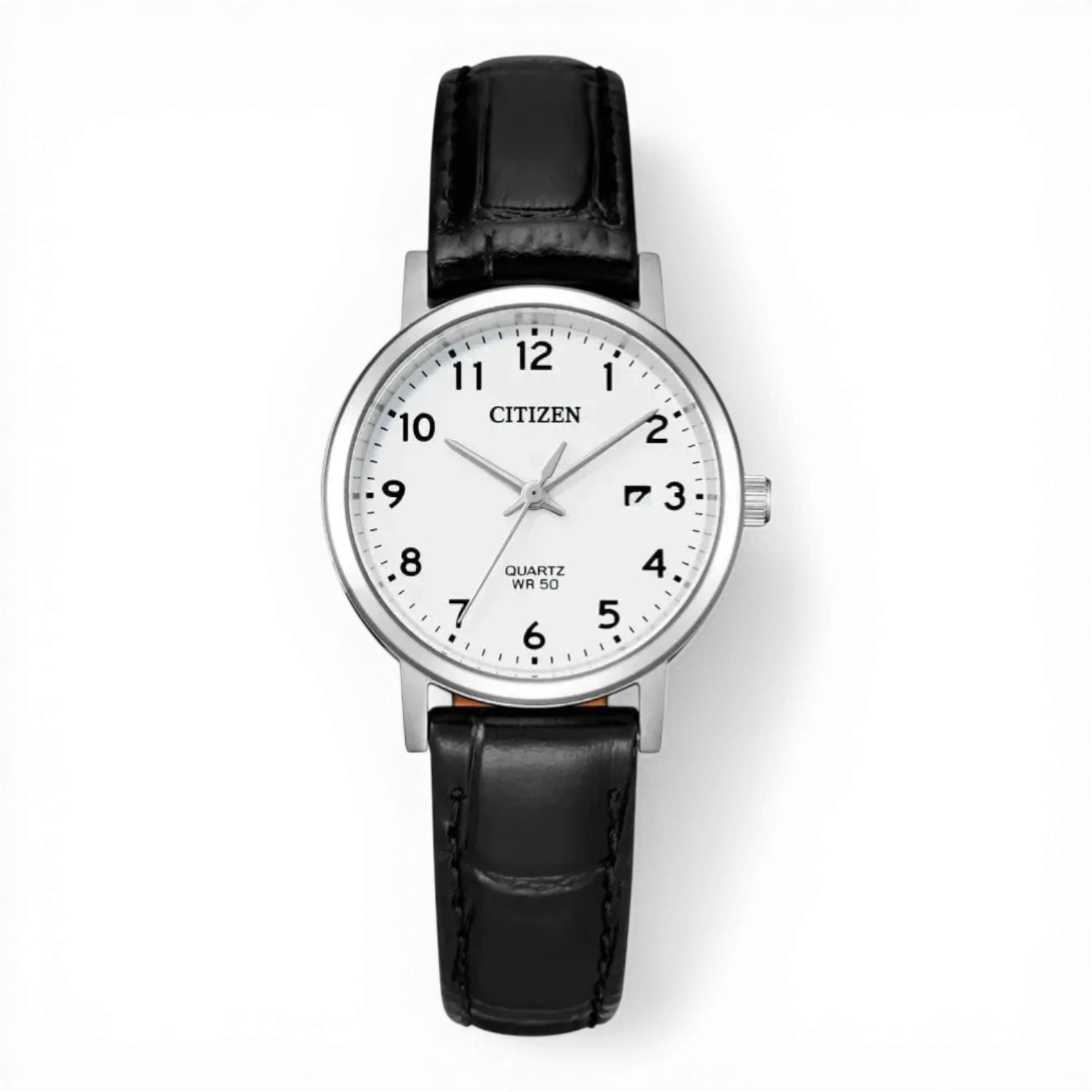 Bendixen-Braun women's quartz watch with white dial, black Arabic numerals, stainless steel case and black leather strap.