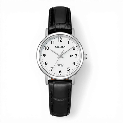 Bendixen-Braun women's quartz watch with white dial, black Arabic numerals, stainless steel case and black leather strap.