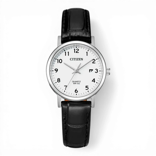 Bendixen-Braun women's quartz watch with white dial, black Arabic numerals, stainless steel case and black leather strap.