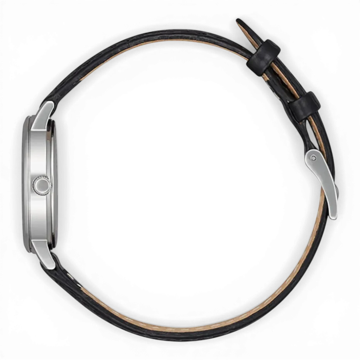Bendixen-Braun women's quartz watch with polished stainless steel case, white dial, black Arabic numerals, and black leather strap.