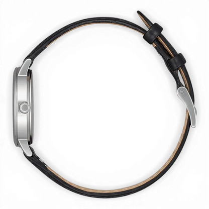 Bendixen-Braun women's quartz watch with polished stainless steel case, white dial, black Arabic numerals, and black leather strap.