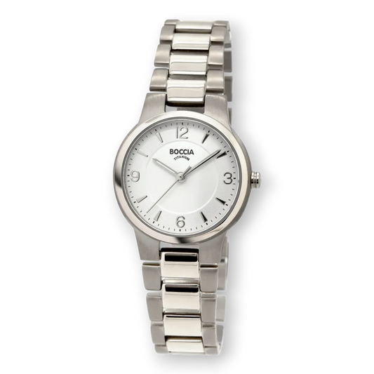Boccia Damen-Quarzuhr mit Titanband in Silber. Elegante und klassische Damenuhr mit weißem Zifferblatt und hochwertigem Titanarmband.