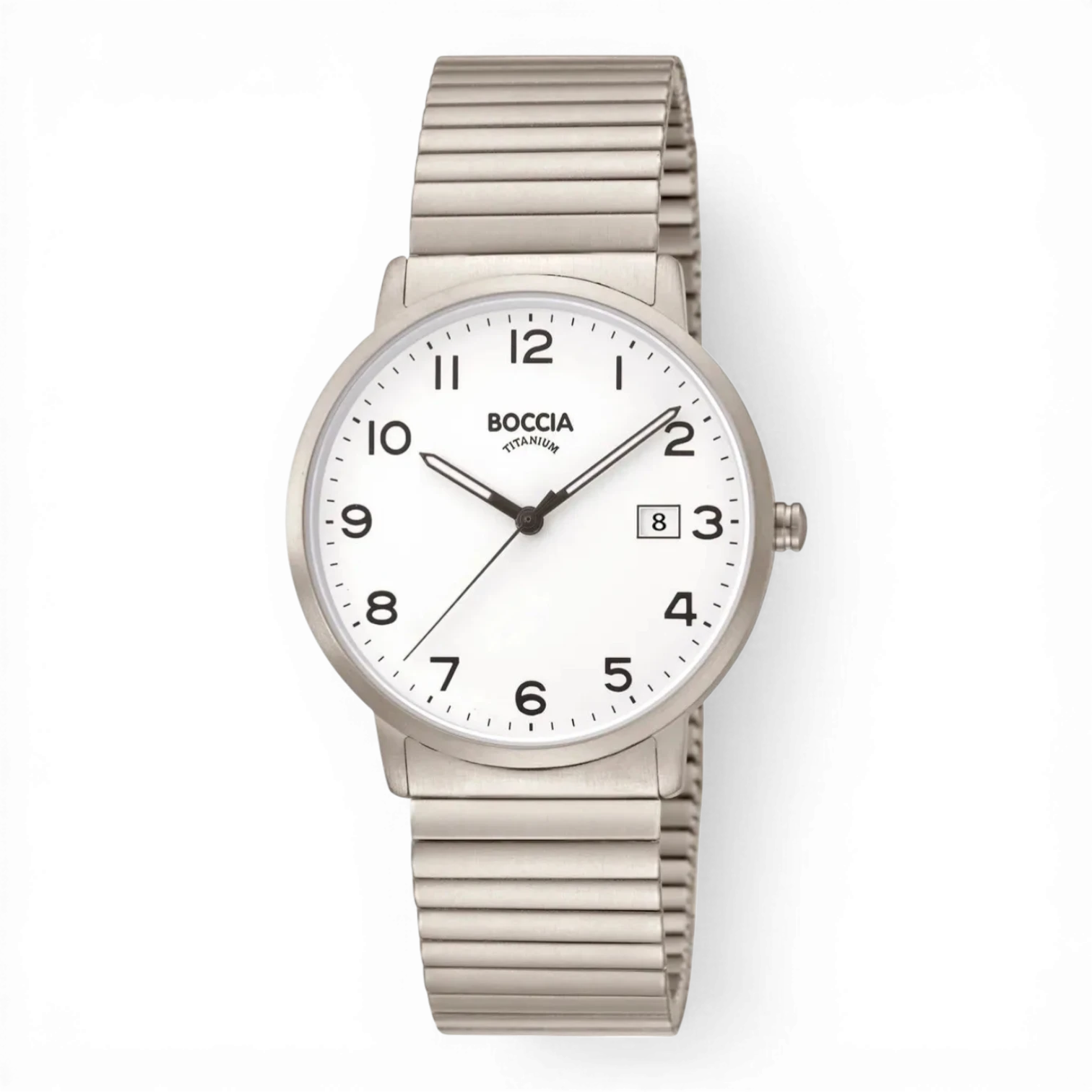 Boccia Quarz Herrenuhr aus Titan mit flexiblem Armband und weißem Zifferblatt. Elegantes, leichtes Design für stilbewusste Männer.