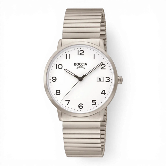 Boccia Quarz Herrenuhr aus Titan mit flexiblem Armband und weißem Zifferblatt. Elegantes, leichtes Design für stilbewusste Männer.
